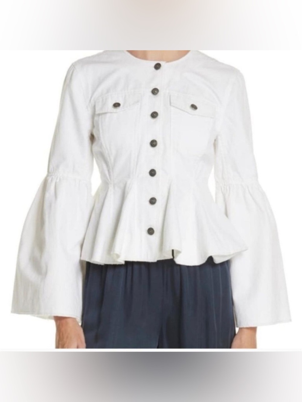 Cinq a Sept Josephina White Peplum Button Front Denim Jacket with Bell Sleeves